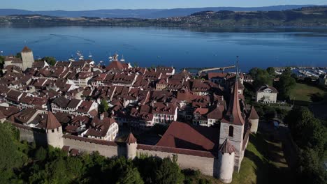 murten switzerland establishing shot aerial drone medieval town lake morat fribourg region