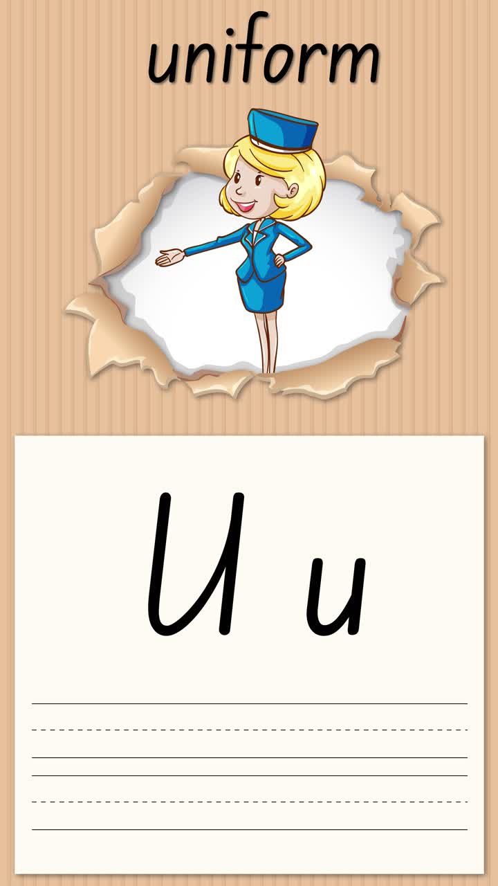 Vertical educational animation demonstrates writing the letter U using a flight attendant in uniform illustration