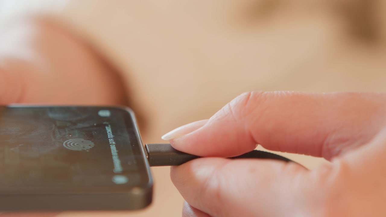 Tight horizontal close view showing hand guiding braided charging cable toward smartphone port, with visible alignment, forward movement, textured connector detail, and soft indoor light