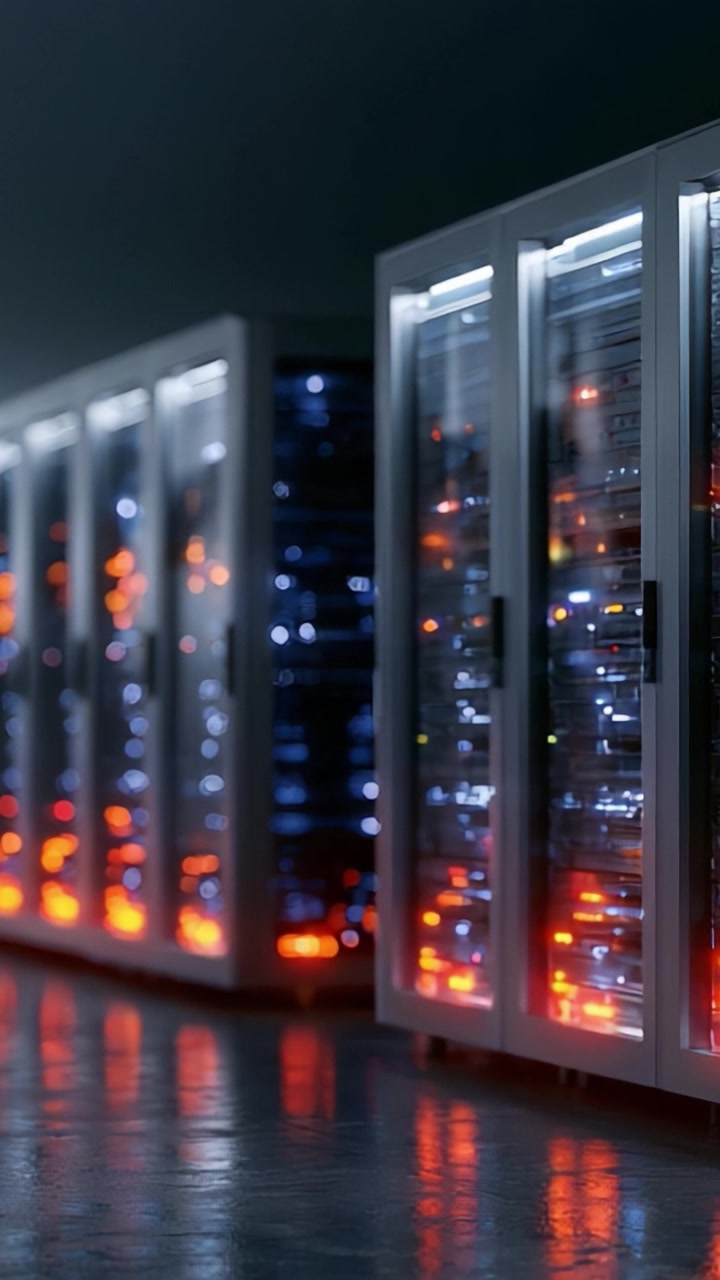 Un moderno data center con rack di server illuminati da luci LED, che mostra tecnologia avanzata e infrastrutture di calcolo ad alte prestazioni