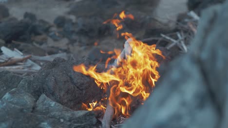 rack focus campfire burning on rocky seaside shoreline 4k