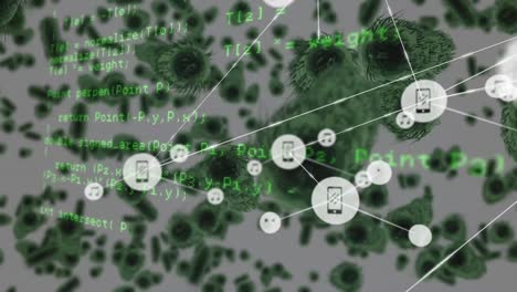 network of digital icons and data processing over multiple covid-19 cells on grey background