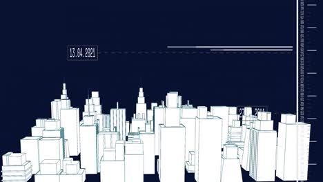 animation of changing numbers and moving lines over 3d model of modern cityscape