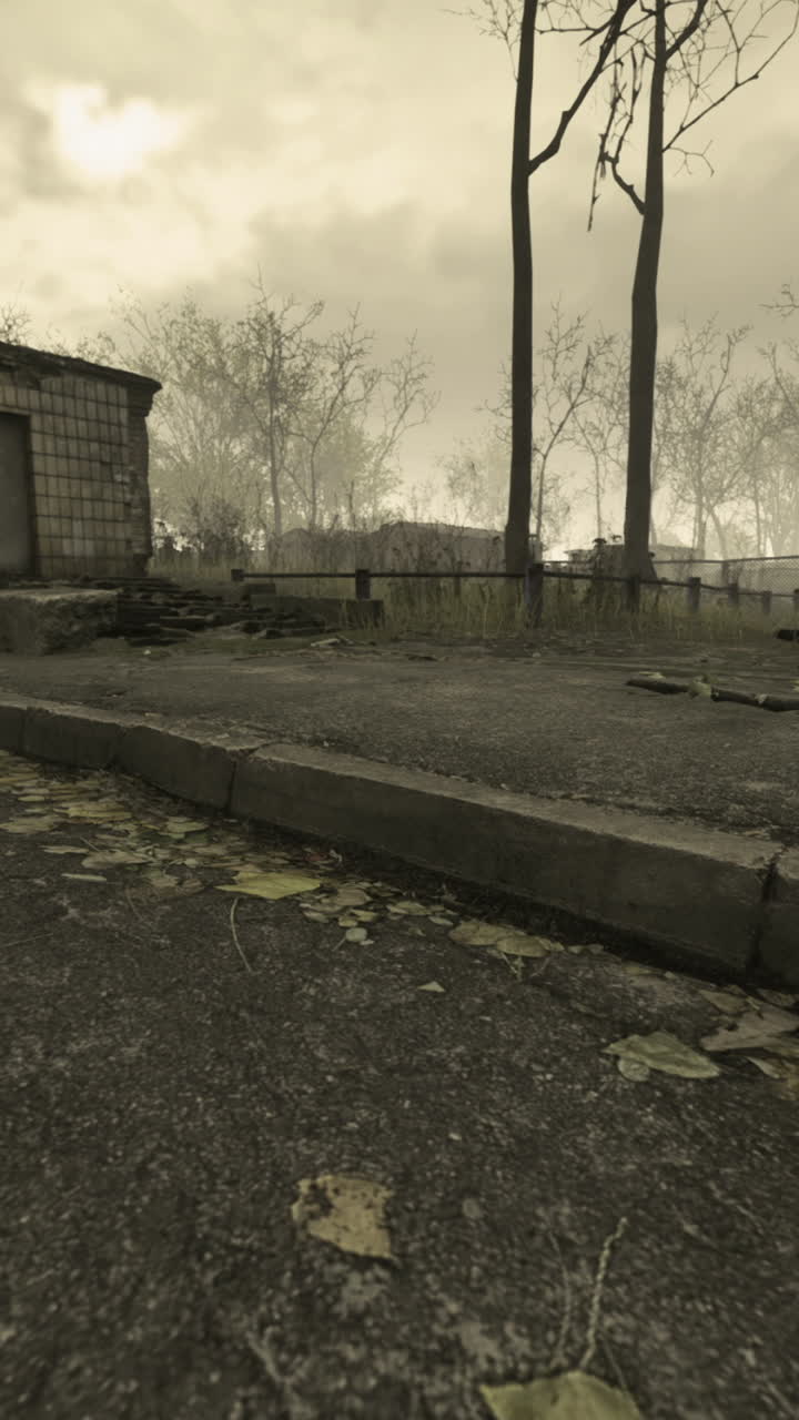 Desolate landscape reveals abandoned structures under ominous skies