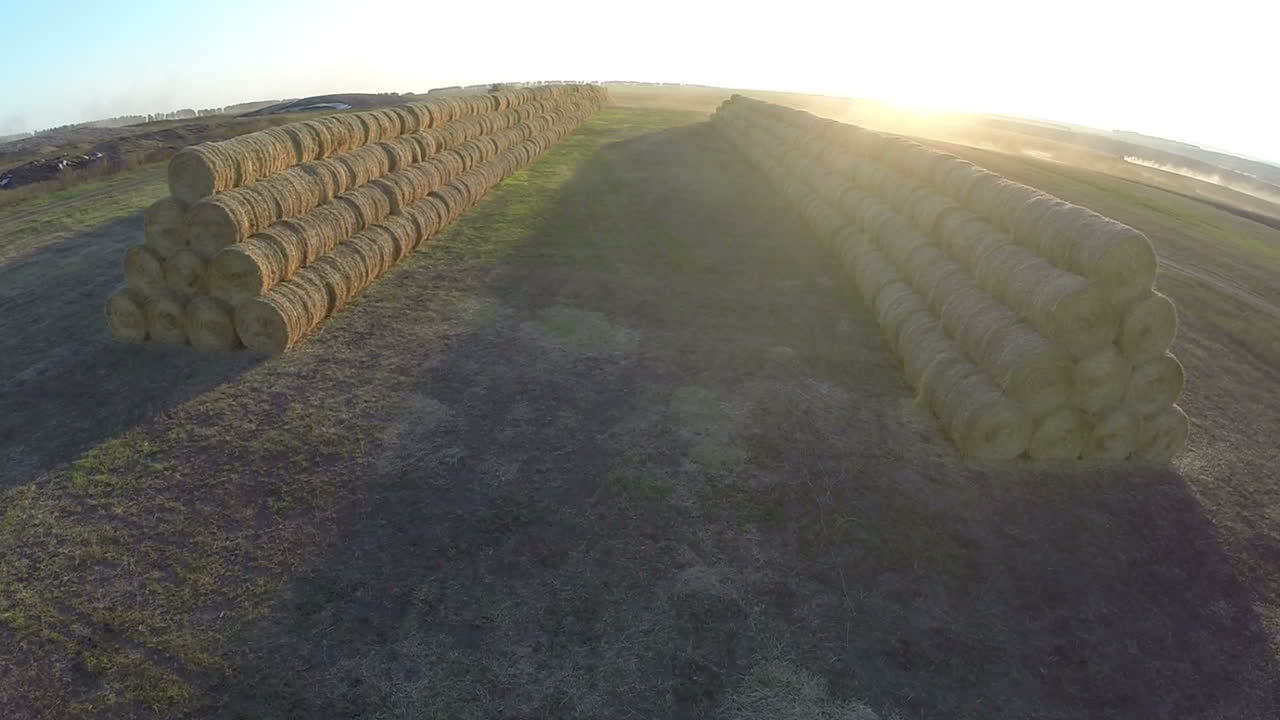 Aerial view of stacked hay rolls in the filed