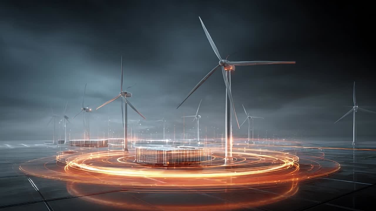 Wind turbines generate renewable energy in a futuristic landscape