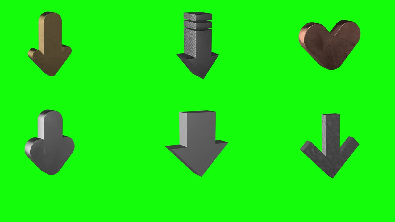 6 diferentes flechas metálicas que apuntan hacia abajo animación de pantalla verde 3d