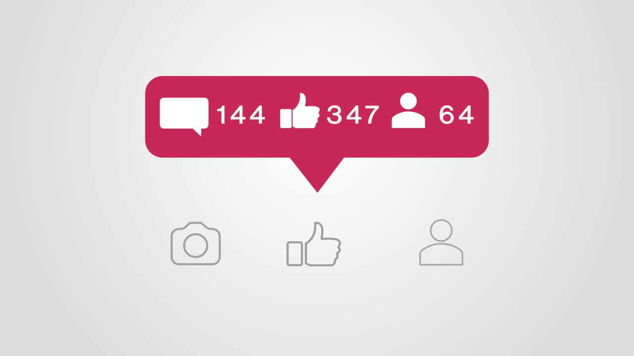 Animazione di icone rosse per social media con numeri crescenti di commenti, mi piace, follower e ripubblicazioni.