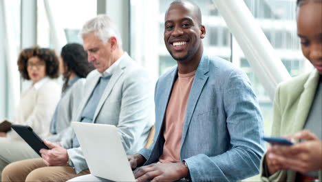 business people, laptop and group in a row