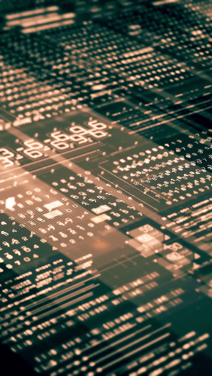 미래의 메타버스: 암호화 된 숫자를 가진 디지털 데이터 텔레메트리, 컴퓨터 데스크을위한 동적 배경 표시, 수직 형식 화면 표시