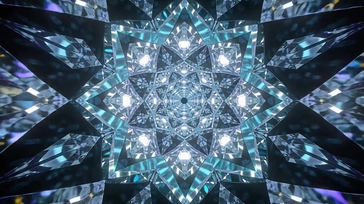 Mandala centrale specchiato che pulsa, ruota e si allontana in un vuoto oscuro, con nodi bianchi luminosi che lampeggiano.
