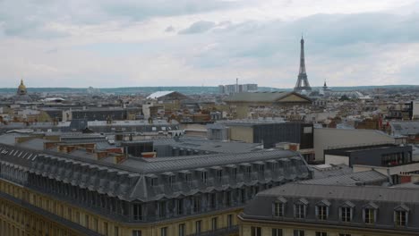 view big panorama paris, the opera garnier, south-western part, city center, eiffel tower - from famous rooftop restaurant of galeries lafayette in paris, france