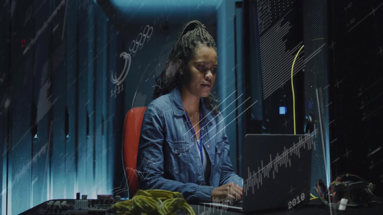 Data engineer typing commands at data center to monitor analytics, displaying sequences and charts