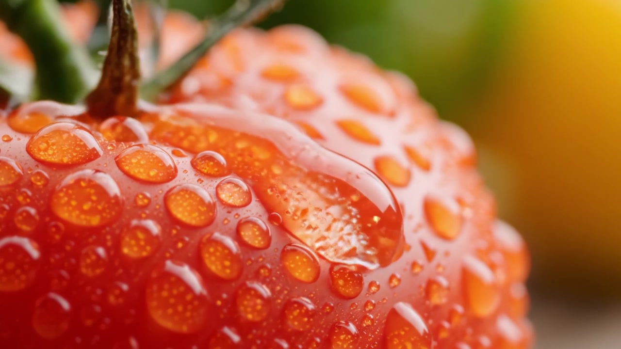 Uno sguardo ravvicinato a un pomodoro lucido e fresco cosparso di goccioline d'acqua, che ne evidenzia la consistenza succosa e la sorprendente vivacità dei colori su uno sfondo vibrante.