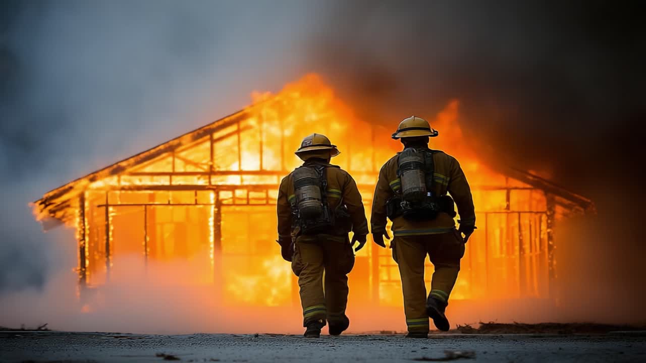 Brave firefighters risk everything as they approach a raging inferno, showcasing their courage and dedication to saving lives amidst the chaos of a burning structure