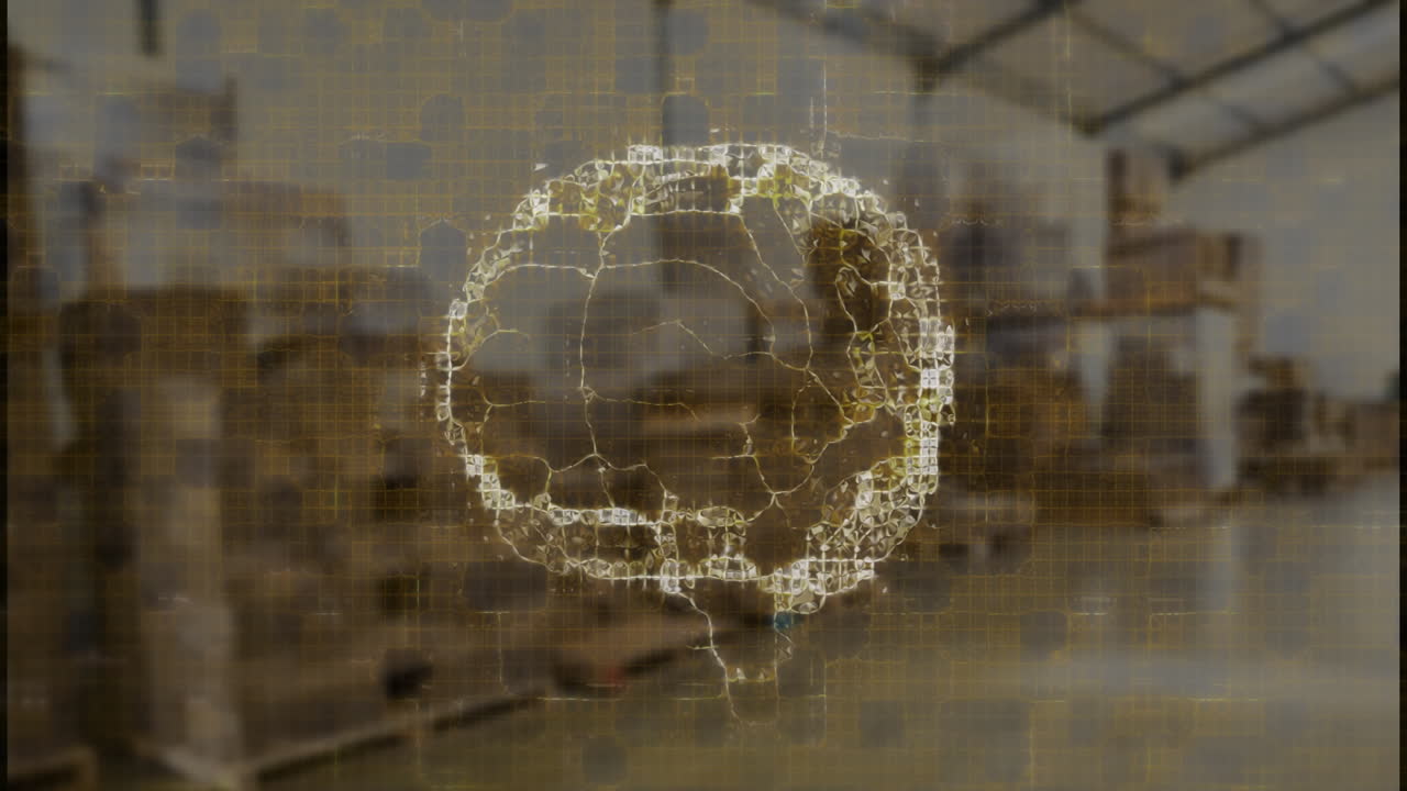 Animating digital network sphere overlaying industrial warehouse setting