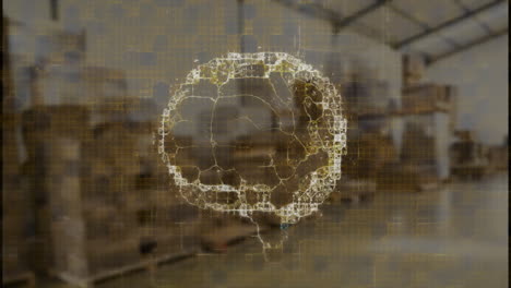 animating digital network sphere overlaying industrial warehouse setting