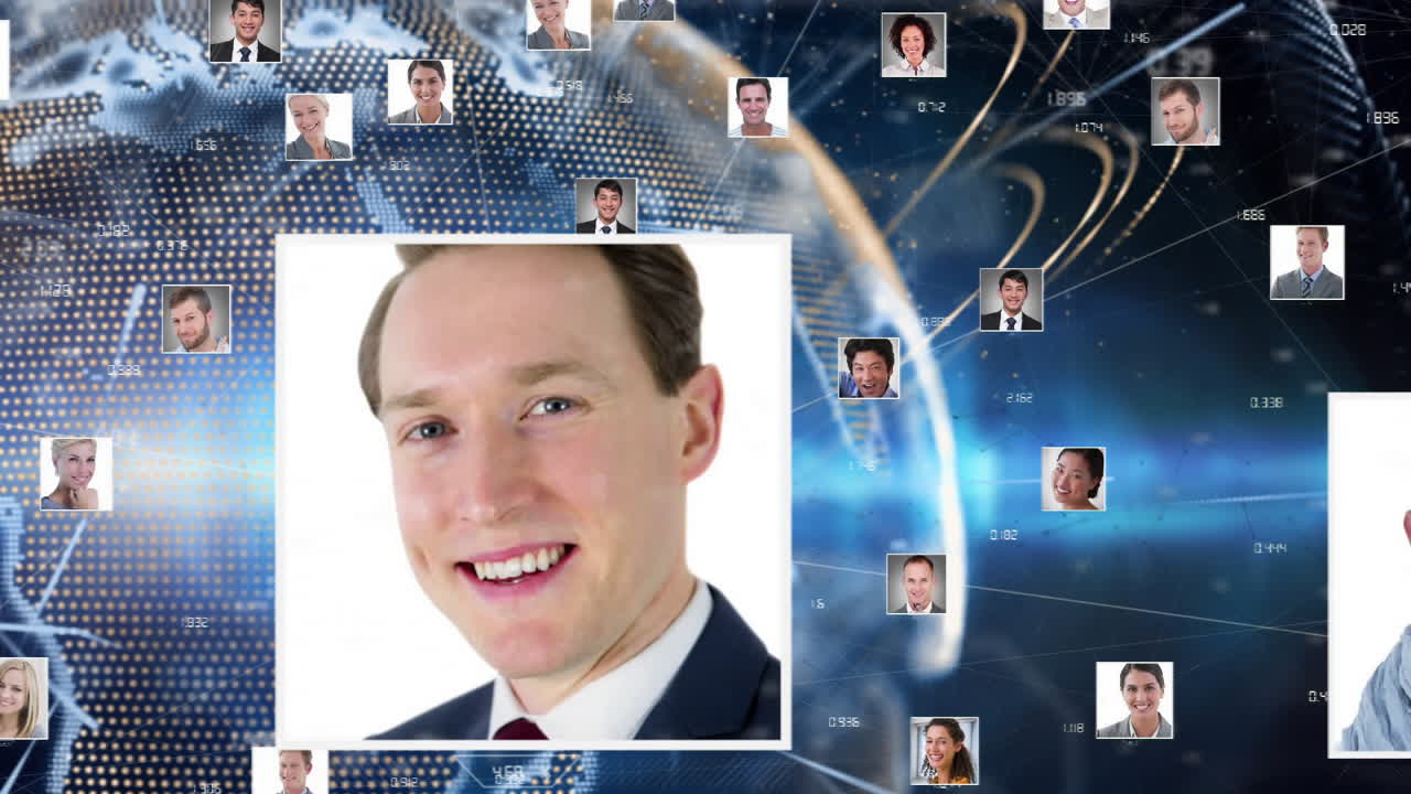 Animation of network of connections with photos and globe over dark background