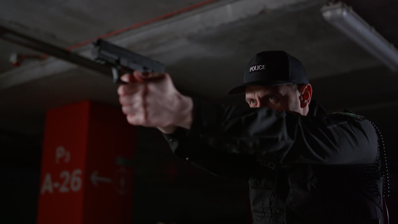 Police man shooting from gun in urban building. Male police officer in action