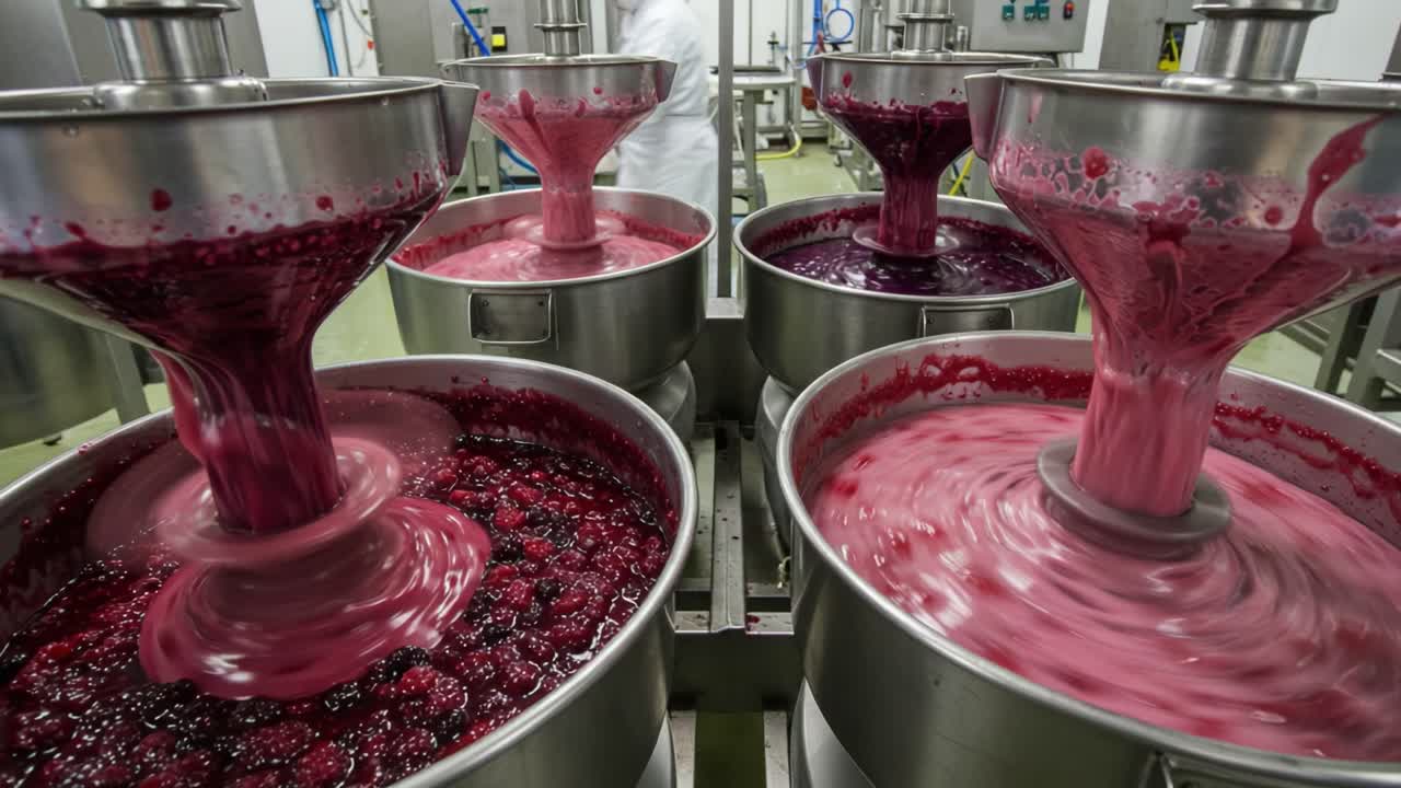 Vibrant Berry Processing in Industrial Equipment: A Close-Up of Fruit Concoctions Being Mixed for Optimal Juicing and Extraction