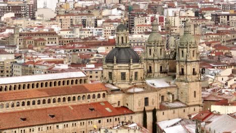 the gothic cathedral of salamanca, aerial drone view in a winter day