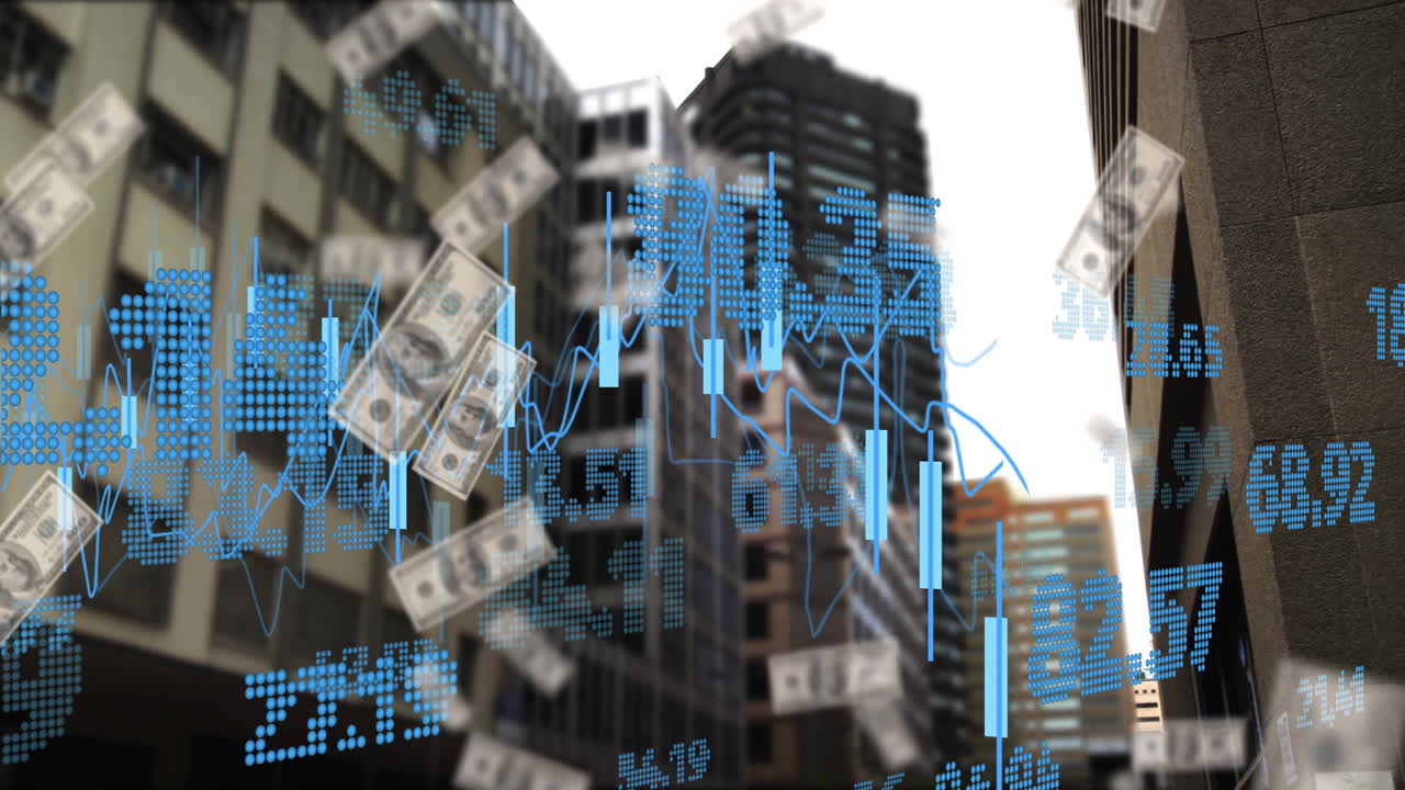 Financial data and dollar bills animation over city buildings background