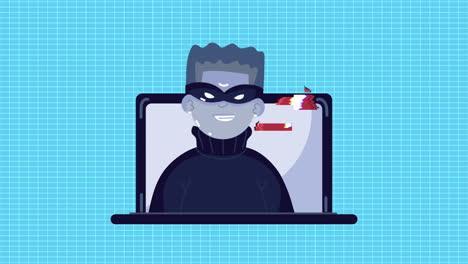 hacker with laptop and alert signal cyber crime