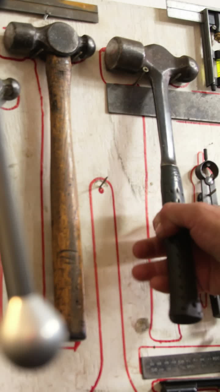 용접공이 도구 서랍에서 망치를 가져오고 있습니다.