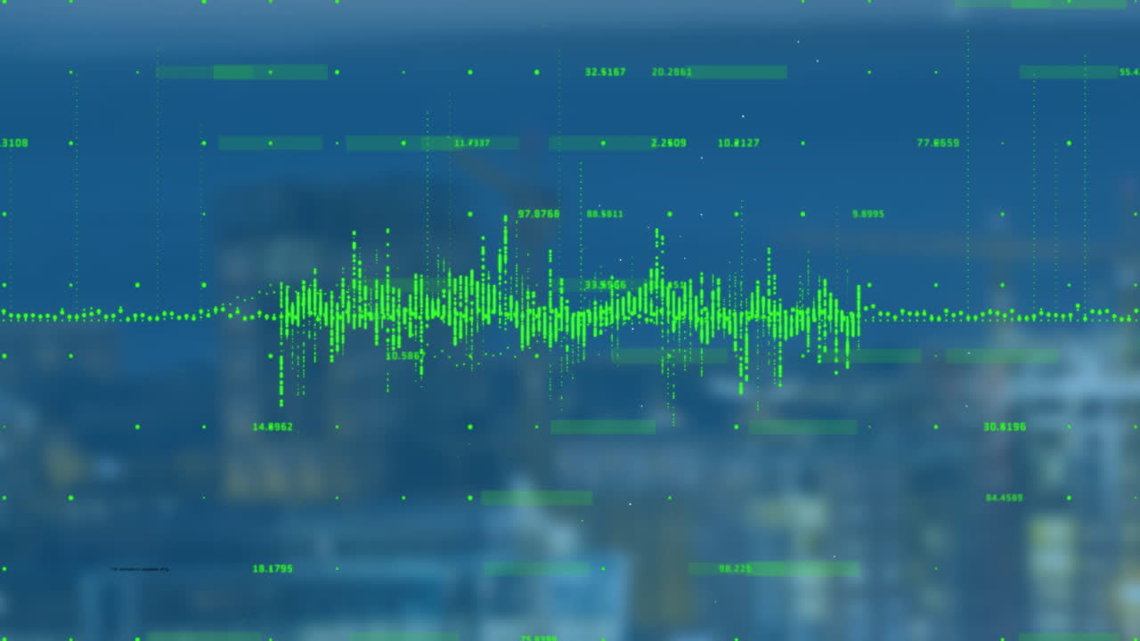 Animation of green data points forming graph over blurred cityscape background