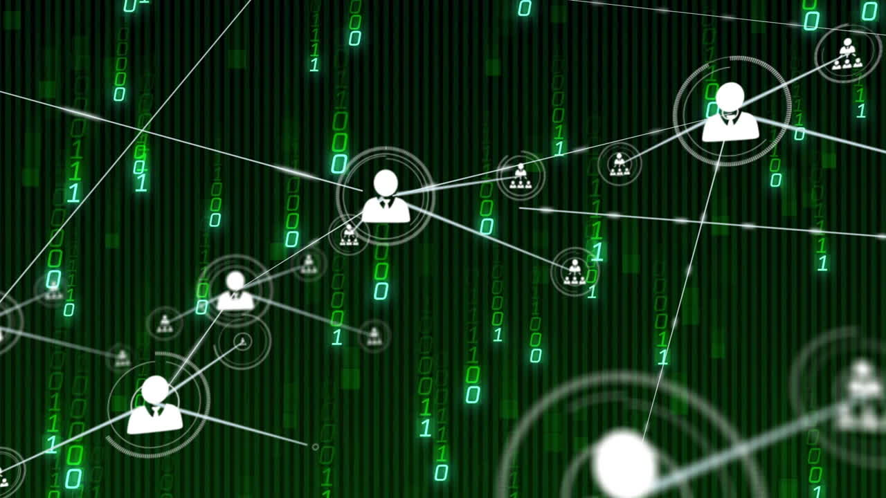 Animation of binary code and network connections on green digital background