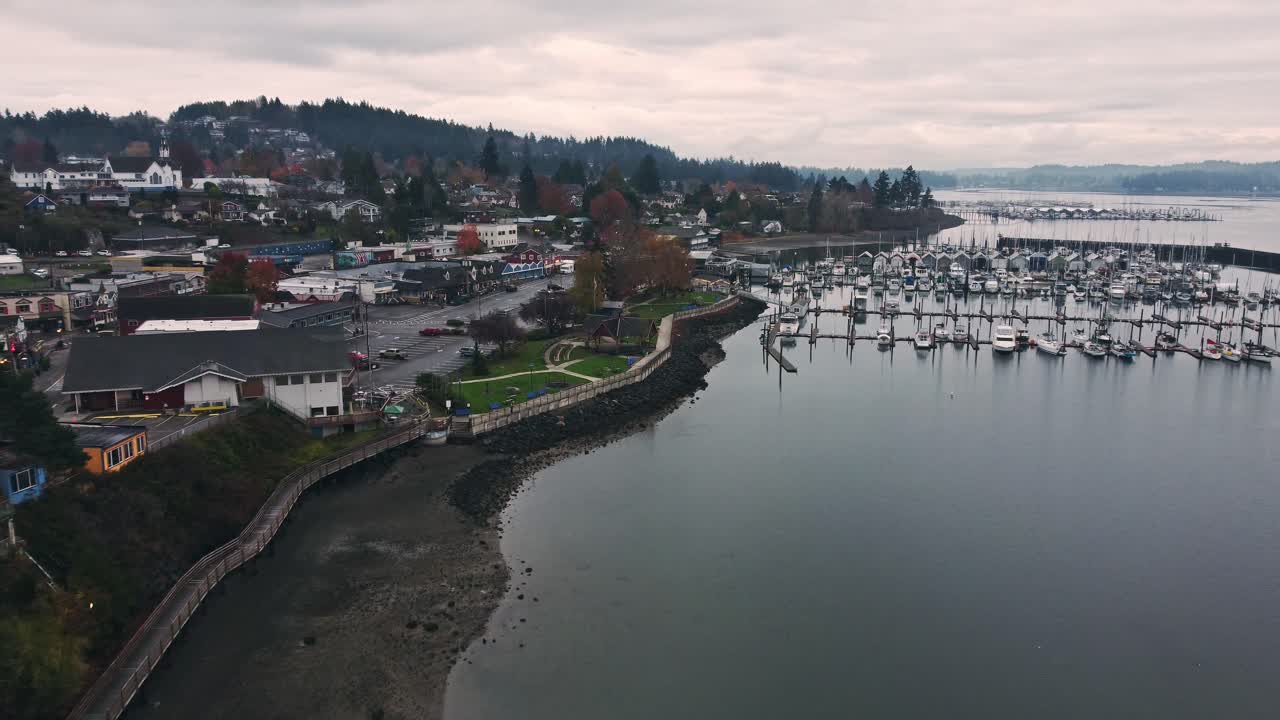 toma de un dron de un puerto deportivo temprano en la mañana cerca de seattle