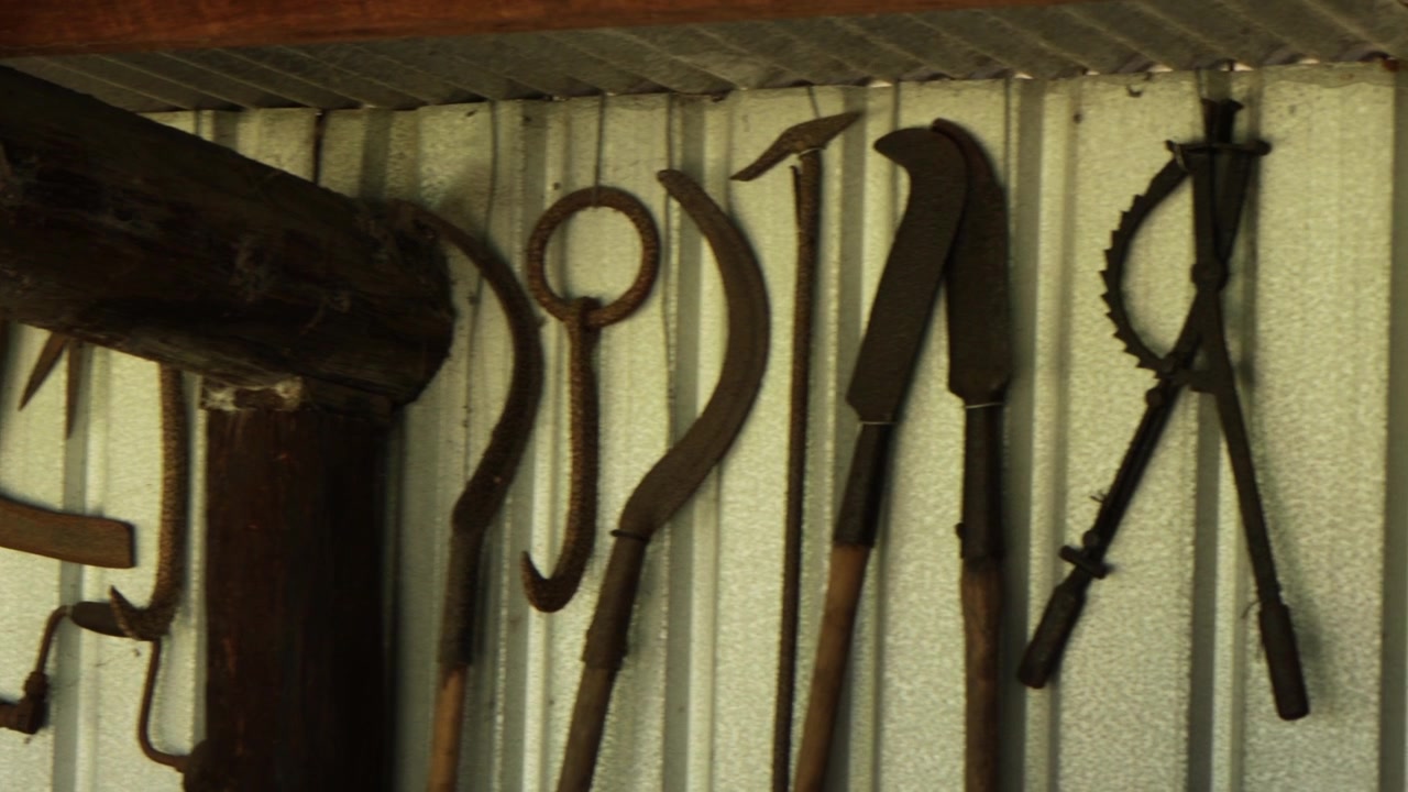 Handheld panning view of old rustic tools hanging on wall