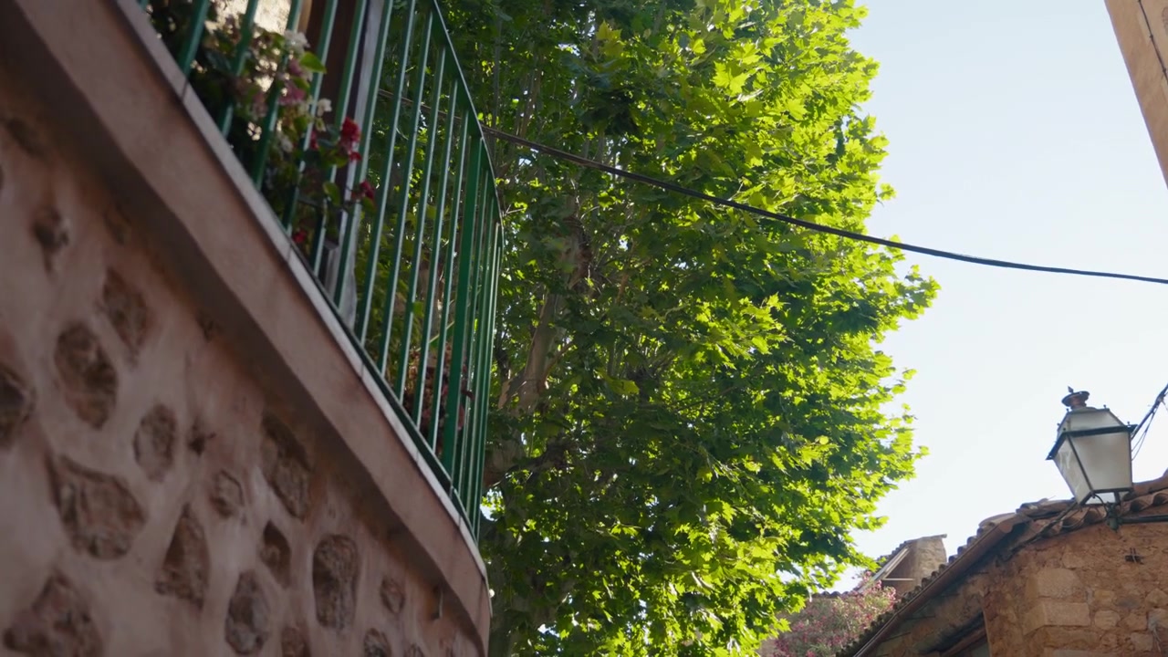 Plano médio em ângulo baixo de uma varanda de ferro verde com gerânios vermelhos em uma casa de pedra, um plátano exuberante e uma lanterna atrás. Detalhe aconchegante de vila mediterrânea à luz da manhã