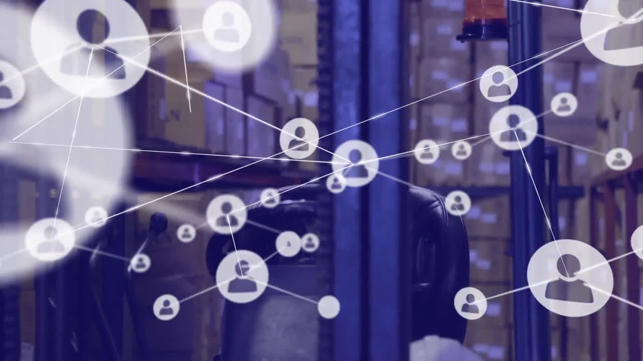 Animazione di rete di connessioni con icone su magazzino