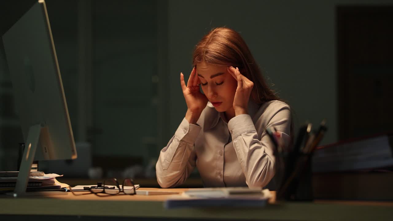 Donna stressata che soffre di mal di testa mentre lavora fino a tardi in ufficio