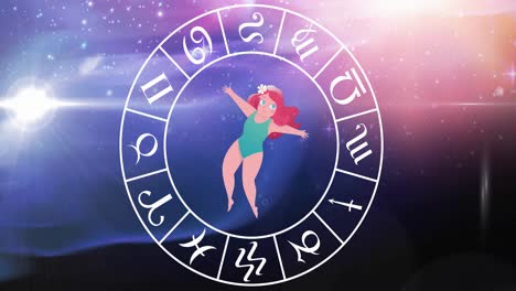 Animation-of-star-sign-with-horoscope-wheel-spinning-over-stars-on-blue-to-purple-background