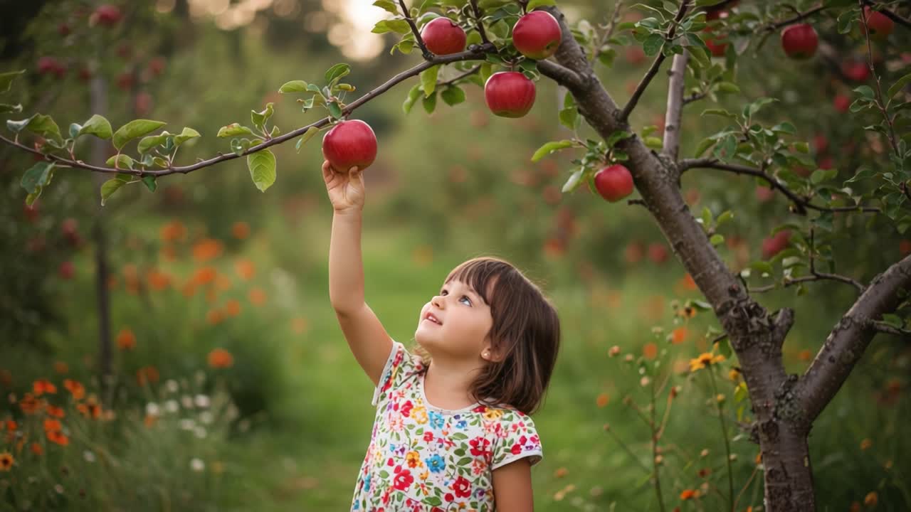 A Young Girl in a Blossoming Orchard Reaches for a Juicy Red Apple, Capturing the Essence of Nature's Bounty and Childhood Wonder in a Serene Landscape