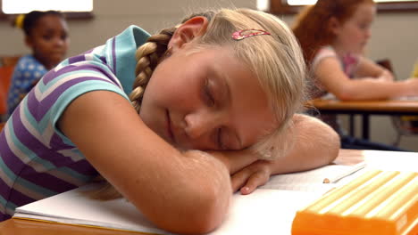 schoolchild napping on notepad at school