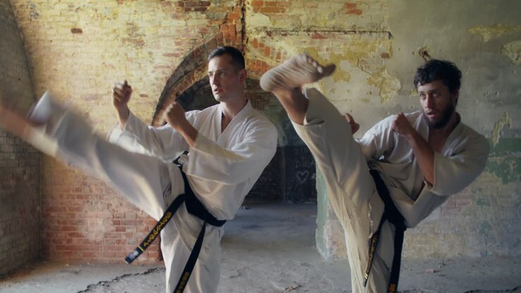 Allenamento di karate in un edificio abbandonato