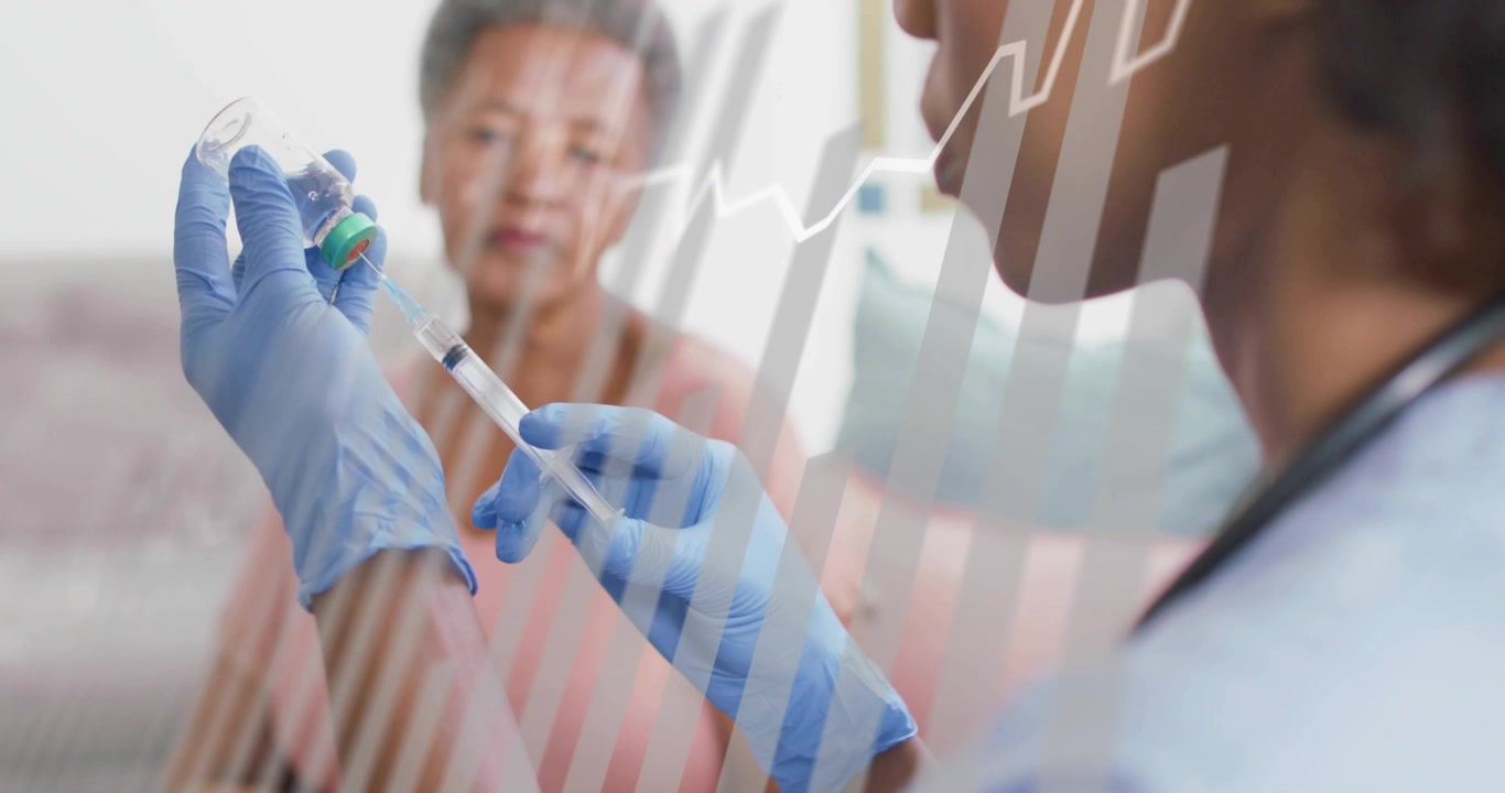 Nurse grabbing vial and syringe on patient cue preparing injection with graph showing health data