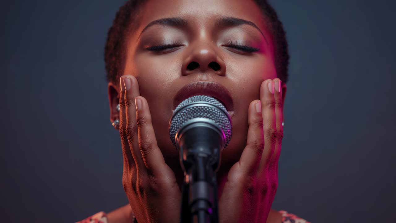 Singing female vocalist responding to recording cue in studio, cupping face and holding microphone