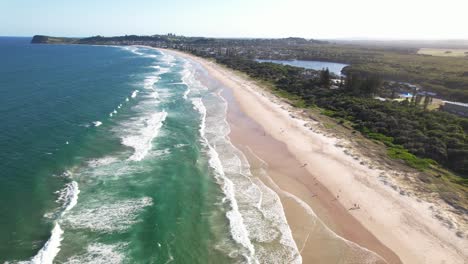 seven mile beach and lake ainsworth in lennox head, nsw, australia. - aerial shot