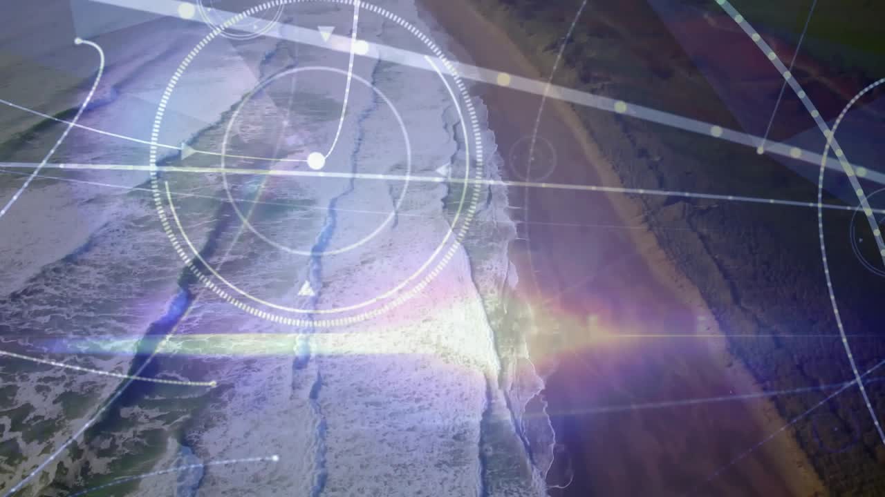 Foam-tipped surf pushing inland sparking HUD elements via lens flare pulling back revealing fields