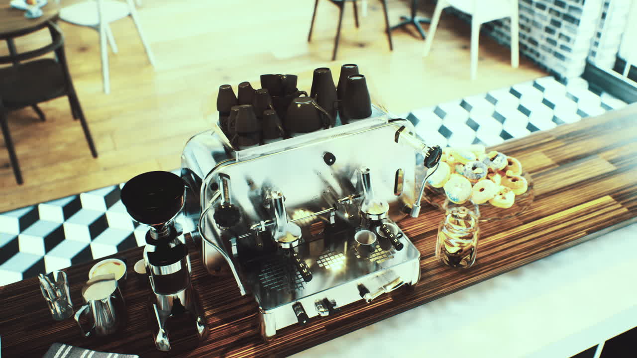 Coffee machine stands ready to brew in a trendy cafe amid cozy atmosphere