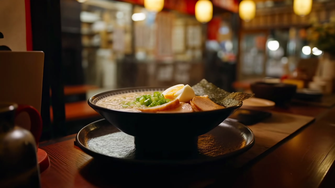 Warm Ramen Bowl On Wooden Counter, Softly Lit Izakaya Interior With Paper Lanterns, Steaming Pork Broth,