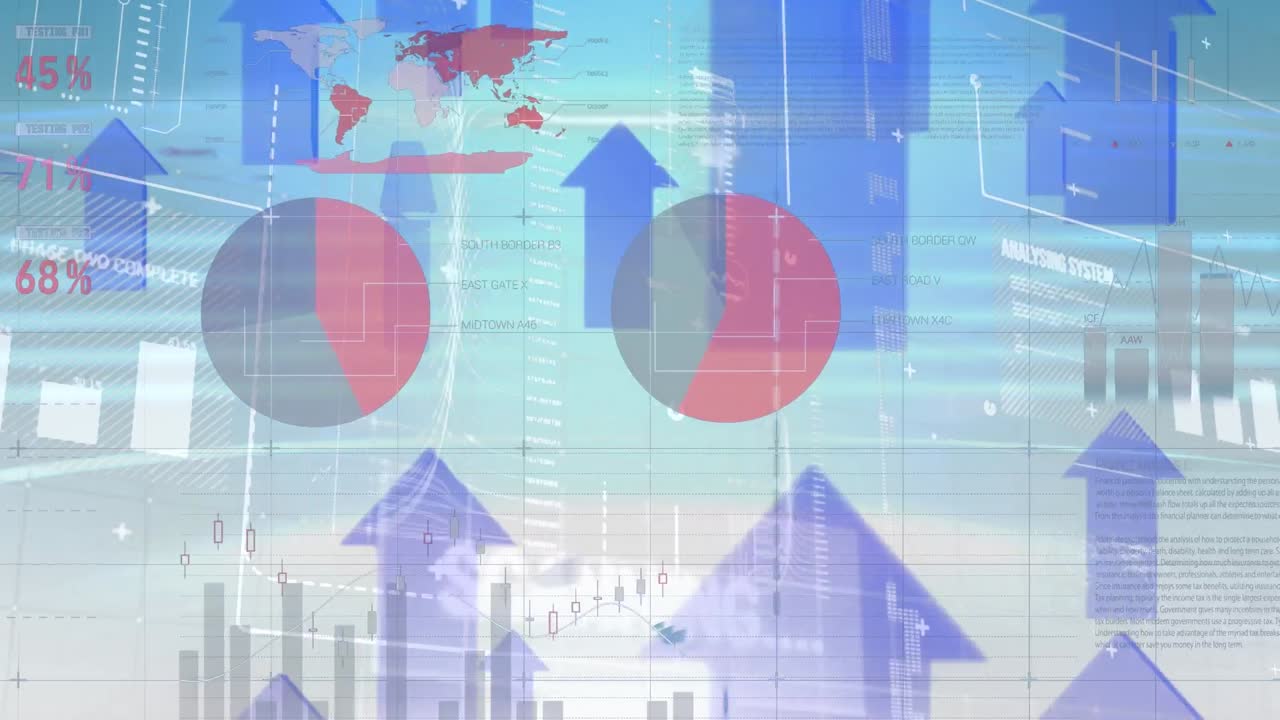 데이터 처리 및 파란색 배경에 있는 화살표의 애니메이션