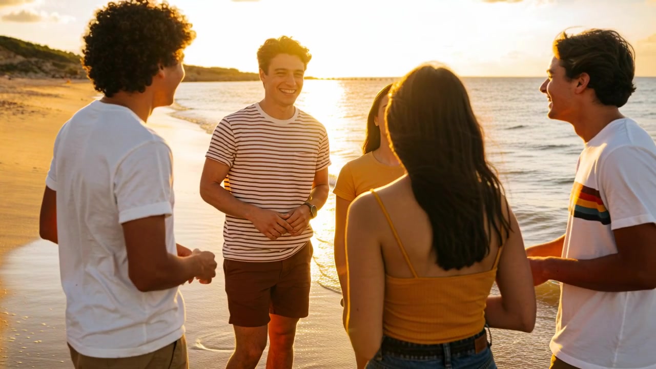 Talende venner ved solnedgang, fem snakker på stranden ved vandkanten, kvinde i gul tanktop.