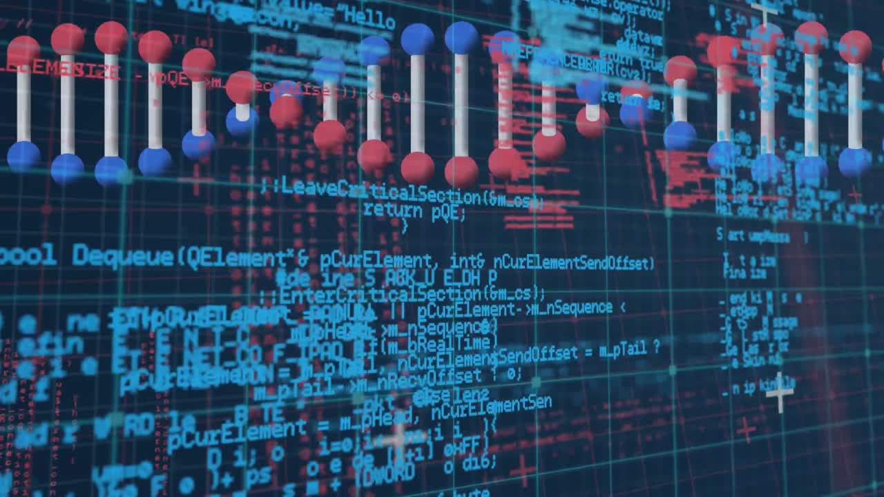 Animation of data processing and dna strand over grind