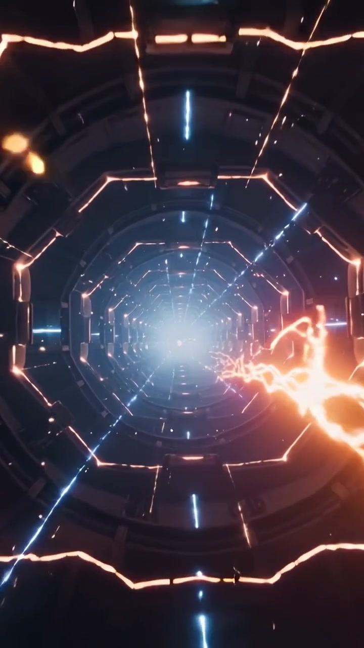 Video verticale: Arco emergente a destra che genera un fascio scintillante, attirando raggi arancioni e blu verso il nucleo e alimentando un bagliore.