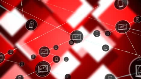 Animation-of-network-of-connections-with-icons-over-shapes-on-red-background